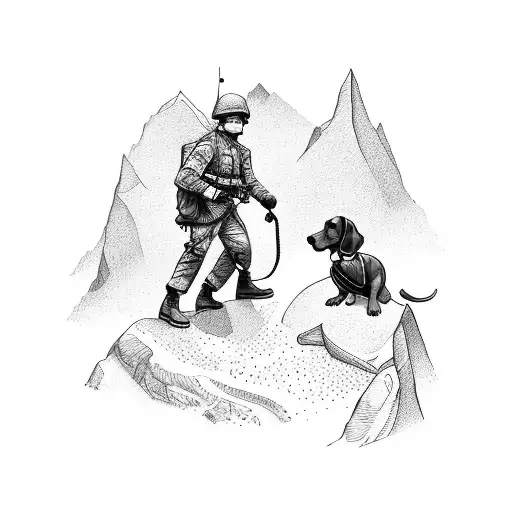 A soldier climbing a mountain with a Dachshund by his side tattoo design idea