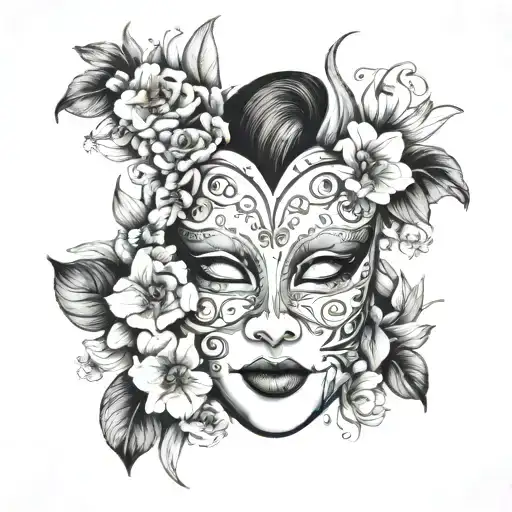 happy and sad mask surrounded by flowers growing tattoo design idea