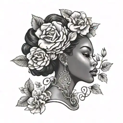unique african american lady with flowers for hair tattoo design idea