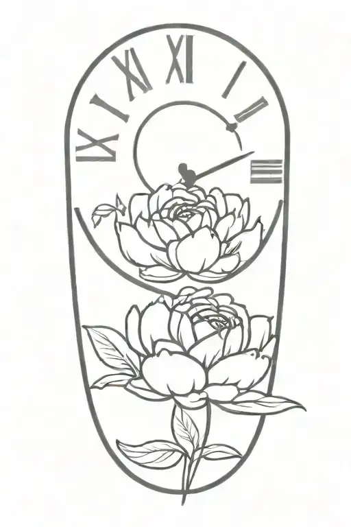 peony,roses, time clock ,virgo zodiac sign intertwined tattoo design idea