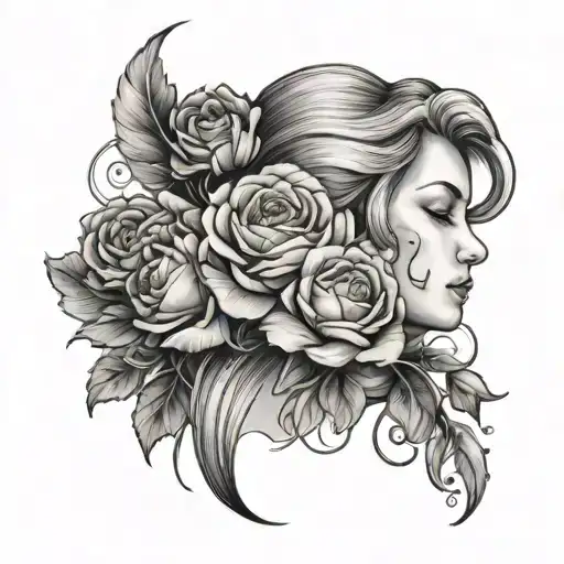 virgo lady face side view  with roses and peony flower around it tattoo design idea