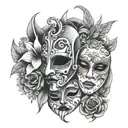 happy and sad mask surrounded by flowers growing tattoo design idea