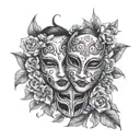 happy and sad mask surrounded by flowers growing tattoo design idea