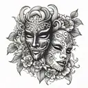 happy and sad mask surrounded by flowers growing tattoo design idea
