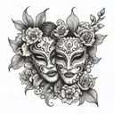 happy and sad mask surrounded by flowers growing tattoo design idea