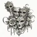 happy and sad mask and roses with keys hanging form a web tattoo design idea