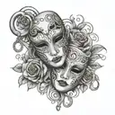 happy and sad mask and roses with keys hanging form a web tattoo design idea