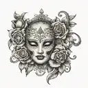 happy and sad mask and roses with keys hanging moon tattoo design idea