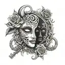 happy and sad mask and roses with keys hanging moon tattoo design idea