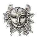 happy and sad mask and roses with keys hanging moon tattoo design idea