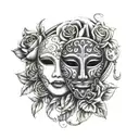 happy and sad mask and roses with keys hanging moon tattoo design idea