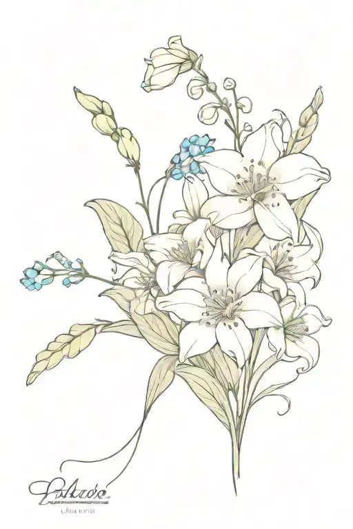 lily, forgetmenot, poppy, rose, lily of the valley flowers in a bouqete  tattoo design idea
