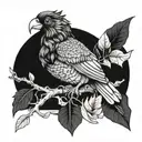 A surrealistic blackwork tattoo of a majestic Perico bird perched on a bed of Cocaina leaves tattoo design idea