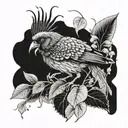 A surrealistic blackwork tattoo of a majestic Perico bird perched on a bed of Cocaina leaves tattoo design idea
