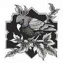 A surrealistic blackwork tattoo of a majestic Perico bird perched on a bed of Cocaina leaves tattoo design idea