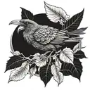A surrealistic blackwork tattoo of a majestic Perico bird perched on a bed of Cocaina leaves tattoo design idea