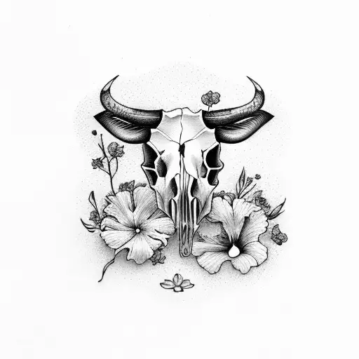 cow skull with hibiscus flowers tattoo design idea