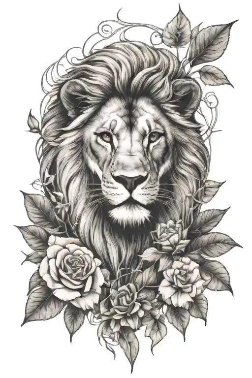 lion standing rose eucalyptus leaves and peach flowers tattoo design idea