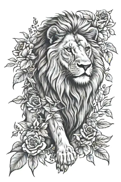 lion standing rose eucalyptus leaves and peach flowers baby lion tattoo design idea