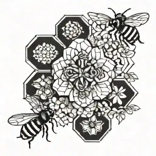 A blackwork tattoo of geometric shapes forming a floral pattern with bees hidden within tattoo design idea