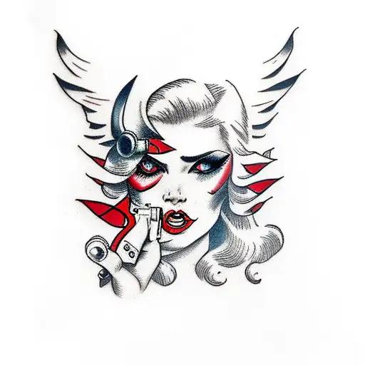 blond women with red eyes with a gun  tattoo design idea