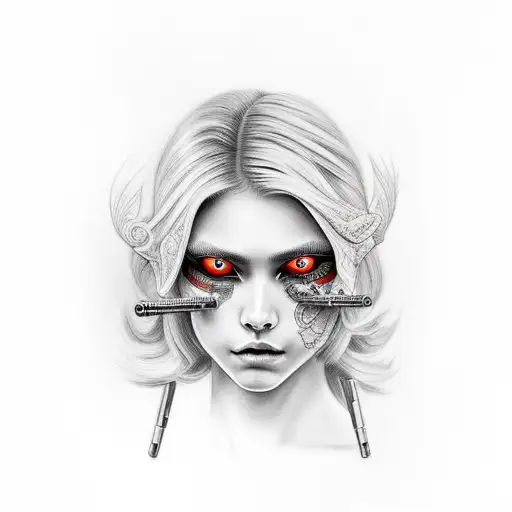 blond women with red eyes with a gun  tattoo design idea