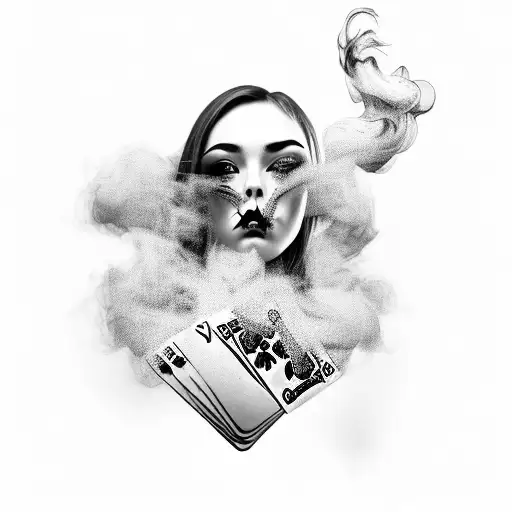 A seductive gangster girl holding a deck of cards with smoke swirling around her tattoo design idea