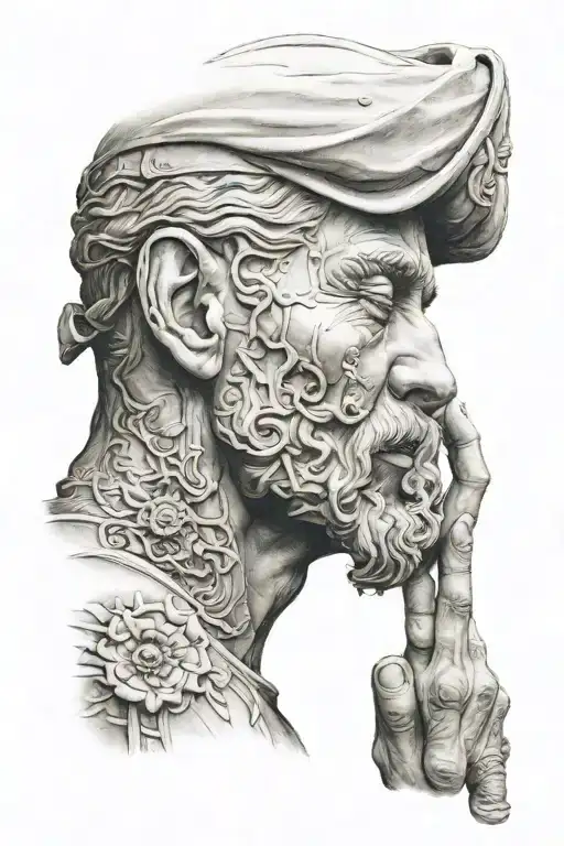 the girl on top covers her mouth with her finger, that she is silent, below is a statue of a man who builds himself tattoo design idea