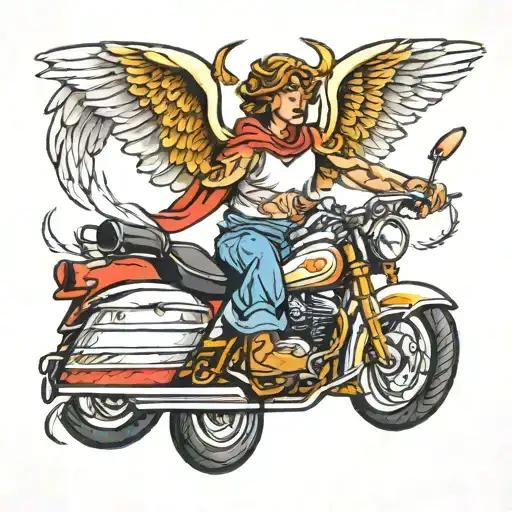color Tattoo Of A Angel With Wings Spread Wide, Riding A Sportbike Symbolizing tattoo design idea