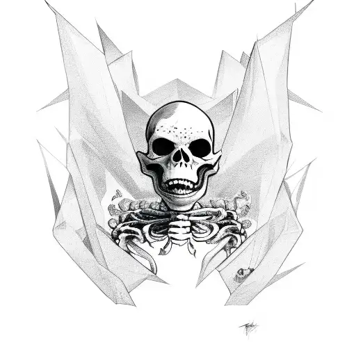 tyler the creator with skeleton wings, neo tribal, cyber sigilism tattoo design idea