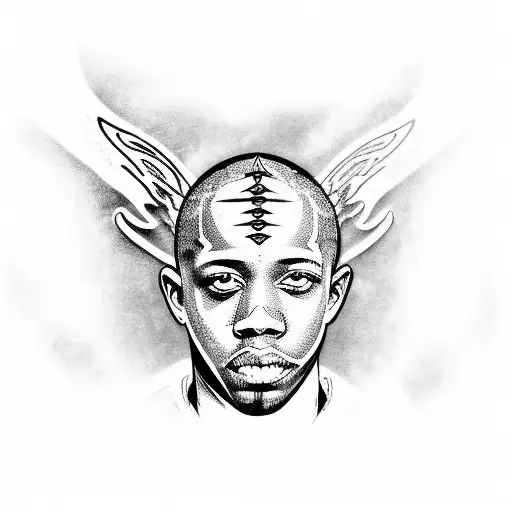 tyler the creator with skeleton wings, neo tribal, cyber sigilism tattoo design idea