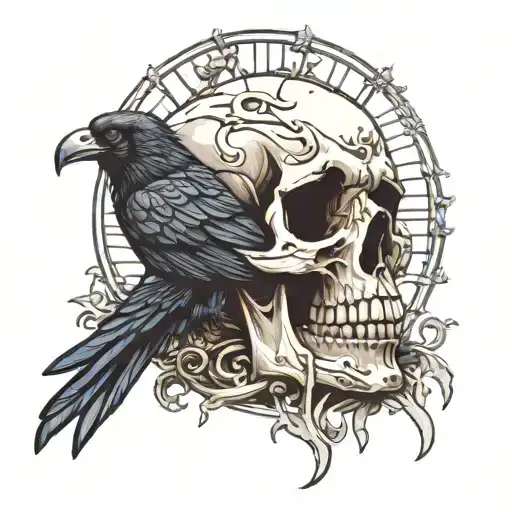 Skull with a raven on top above a skeleton cage  tattoo design idea