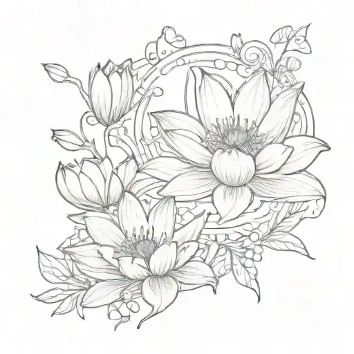 A whimsical fairy tale inspired design featuring waterlily and morning glory flowers tattoo design idea
