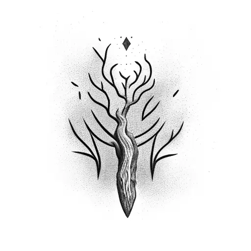 A detailed axe embedded in a tree trunk, symbolizing strength and resilience tattoo design idea