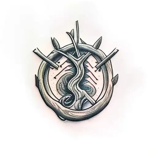 A detailed axe embedded in a tree trunk, symbolizing strength and resilience tattoo design idea