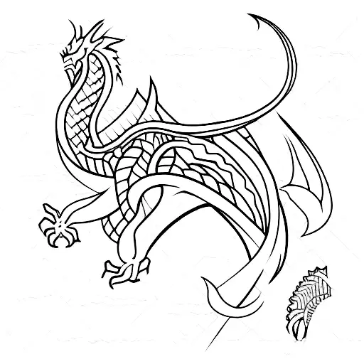 fineline minimalist abstract tribal dragon tattoo with RNG letters  tattoo design idea
