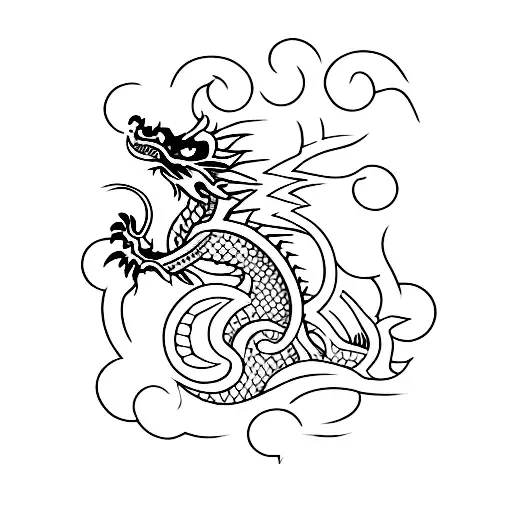 fineline minimalist abstract tribal dragon tattoo with "R N G" letters  tattoo design idea