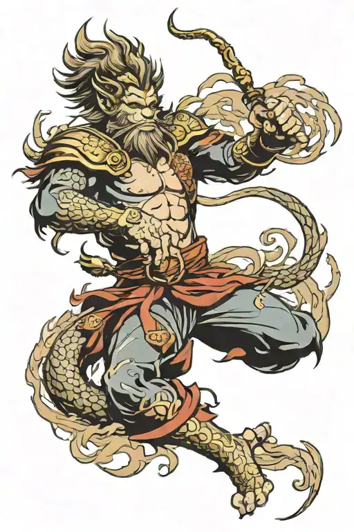 Sun Wukong with a stave flowing hair and dragon emerging tattoo design idea