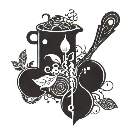 A tattoo design combining elements of cooking utensils, plants, and gaming symbols tattoo design idea