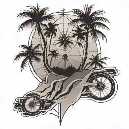 palm tree, beach, mountains, racing bike, outside a minimalist compass tattoo design idea