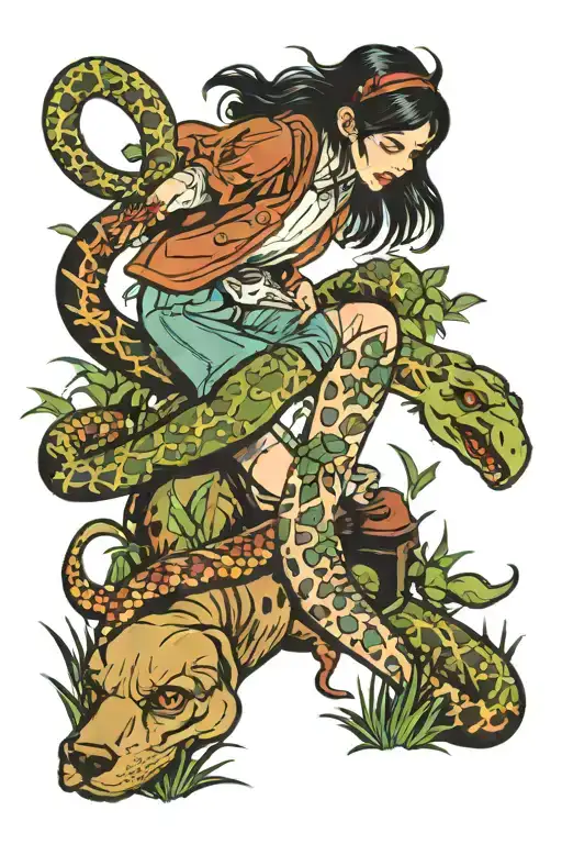 girl stomping on a dirty dog and snake in the grass  tattoo design idea