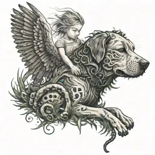 a dirty dog surrounded by snakes in the grass menacingly while an angel protects a girl tattoo design idea