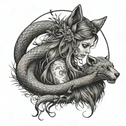 a spirit protecting a girl from a dirty dog and snakes in the grass  tattoo design idea