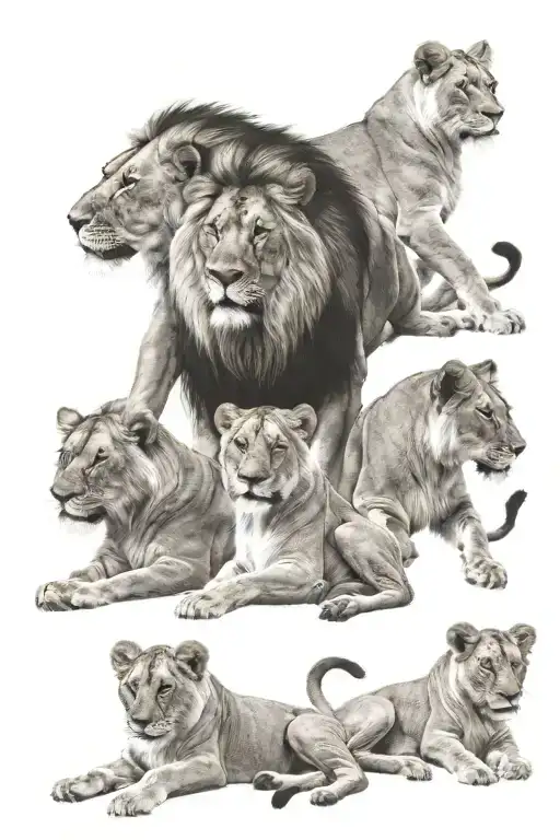 lion, lioness and 4 cubs tattoo design idea