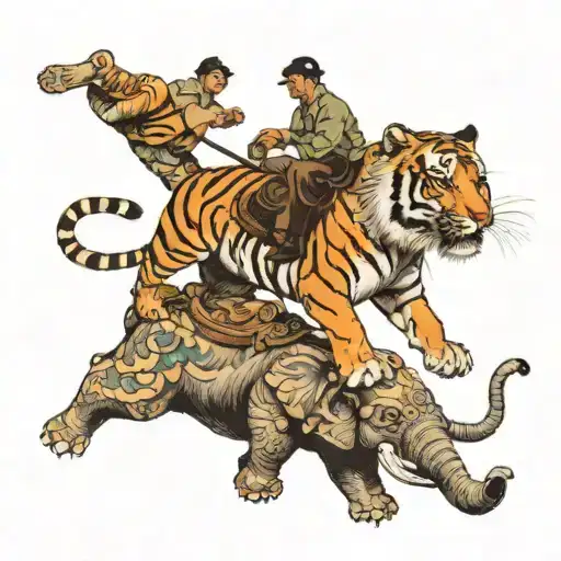 tiger leaping upwards at a poacher sitting on top of an elephant tattoo design idea