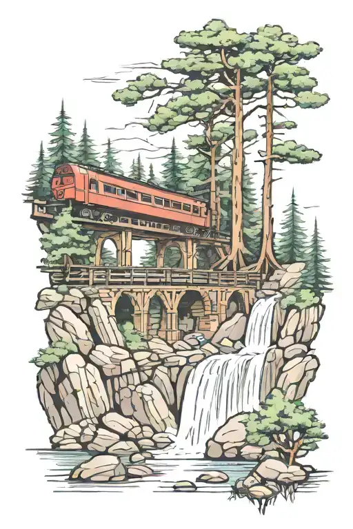 Pine trees with an old fashion train bridge and a waterfall underneath  tattoo design idea