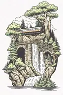 Pine trees with an old fashion train bridge and a waterfall underneath  tattoo design idea