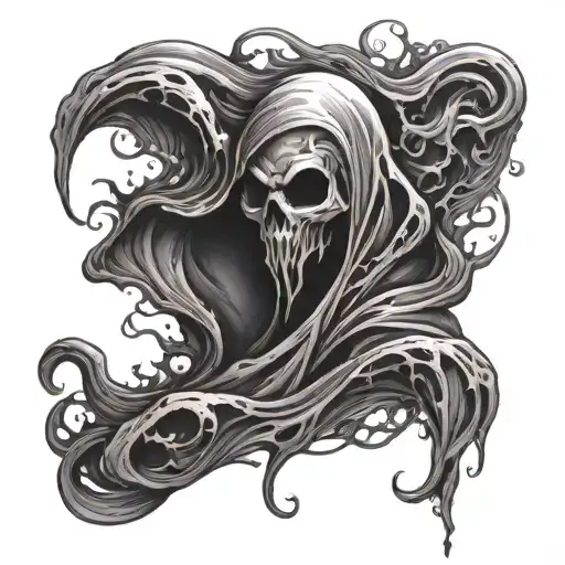 Tattoo of a dark, dark ghost with fluid art and thick strokes tattoo design idea