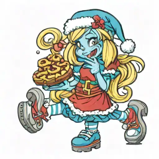 Smurfette dressed in Christmas clothing and roller skates, eating a waffle.  tattoo design idea