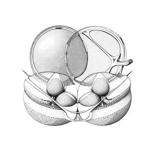 TWO SMALL TENNIS RACKETS BACKWARDS CROSSED WITH A SMALL TENNIS BALL WITH WINGS IN THE MIDDLE OF THE TWO TENNIS RACKETS tattoo design idea